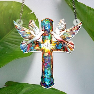 ACRYLIC Elegant Cross Doves Window Hanging Decor Wall Decor Art Beautiful Gifts Handmade Religious Decor Christian Gift NOT GLASS