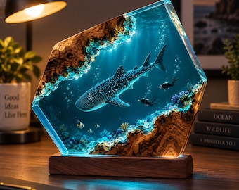 Whale Shark Resin Lamp, Ocean Night Light, Underwater Diver Diorama, Handmade Epoxy Wood Desk Lamp, Gift for Gamer, Gaming Desk Decor