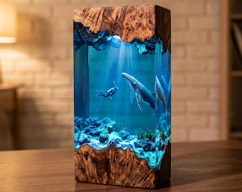 Humpback Whale Resin Lamp, Scuba Diver Night Light, Epoxy Wood Diorama Art, Ocean Home Decor, Unique Birthday Gift for Diver