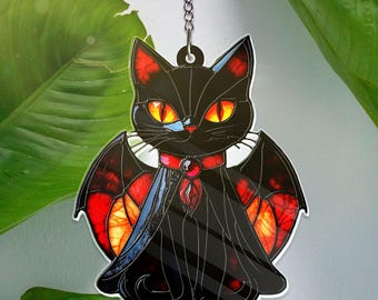 Halloween Black Cat ACRYLIC Window Hanging Decor Gothic Bat Wings Suncatcher Spooky Vampire Cat Decor Halloween Decor Gifts idea
