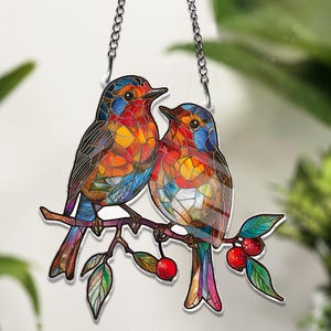 Colorful Bird Window Hanging, Pair of Robin Bird ACRYLIC Suncatcher, Yard Decor, Best Choice for Bird Lovers Home Decor Valentine Gifts