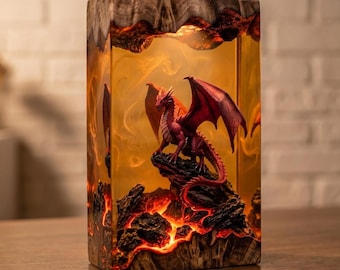Dragon Resin Lamp, Epoxy Wood Night Light, Red Dragon Desk Decor, Fantasy Gamer Gift, Lava Cave Lamp, Collector Room Decor