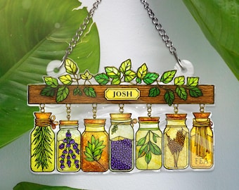 Gepersonaliseerde kruiden acryl venster opknoping, aangepaste naam faux gebrandschilderd glas kruidenpot Suncatcher, keukenraam decor cadeau, kerstcadeaus