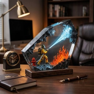 Puede incluir: Una lámpara decorativa de resina con un bombero en miniatura con uniforme amarillo que lanza un chorro de luz azul brillante hacia una llama naranja incandescente, dentro de un bloque geométrico transparente sobre una base de madera.