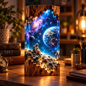 May include: A rectangular lamp featuring a wooden frame with a resin insert depicting a space scene. The scene includes a cratered moon surface, a small astronaut figure, a glowing Earth, a spiral galaxy, and floating asteroids with internal lighting.