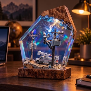 Puede incluir: Una lámpara decorativa de resina con una escena en miniatura de un trabajador eléctrico en un poste de madera con un camión grúa. El bloque de resina transparente tiene base y tapa de madera, con luz interna que muestra reparaciones eléctricas.