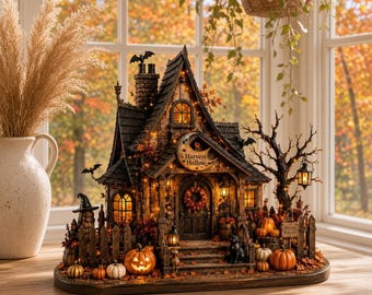 Personalized Halloween House Wooden Block, Custom Name Witch Cottage Decor, Harvest Hollow Plaque, Wood Spooky Autumn Fall Tabletop Decor