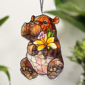 Moo Deng ACRYLIC Window Hanging, Moo Deng Ornaments, Cute Hippo Hanging Art Decor, Hippo, Moo Deng Hold Flower Decor NOT GLASS