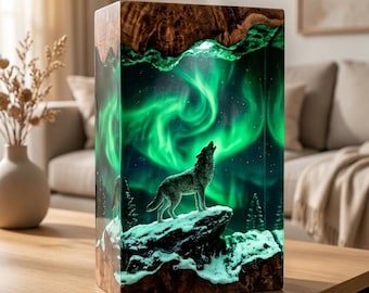 Wolf Resin Lamp, Aurora Borealis Night Light, Epoxy Wood Lamp, Northern Lights Decor, Wildlife Gift, Xmas Gifts, Xmas Forest Desk Lamp