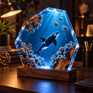 シャチの樹脂製ランプ、ウミガメの海のナイトライト、サンゴ礁のエポキシアート、海洋生物の装飾、海好きへのギフト