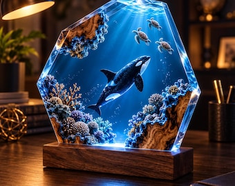 Orca Resin Lamp, Sea Turtle Ocean Night Light, Coral Reef Epoxy Art, Marine Life Decor, Gift for Ocean Lover