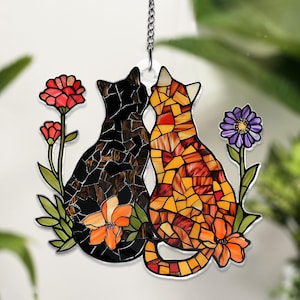 Personalized Cat ACRYLIC Window Hanging, ACRYLIC Poppy Flowers Wall Window Hanging Art Decoration Cat home decor Valntine Couple cat gifts