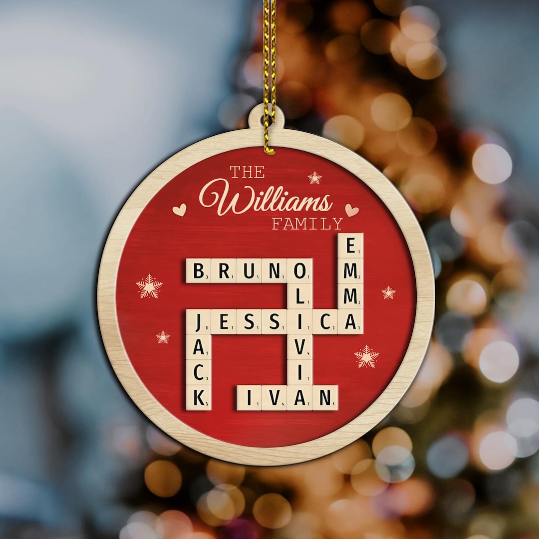 Personalized Crossword Puzzle Christmas Ornaments, Custom Family Name