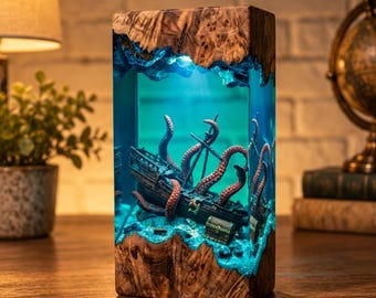 Kraken Shipwreck Resin Lamp, Octopus Night Light, Epoxy Wood Diorama Art, Ocean Home Decor, Unique Birthday Gift for Geek