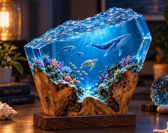 Ocean Resin Lamp, Underwater Epoxy Wood Night Light, Coral Reef Sea Turtle Decor, Scuba Diver Gift for Him, Christmas Gift