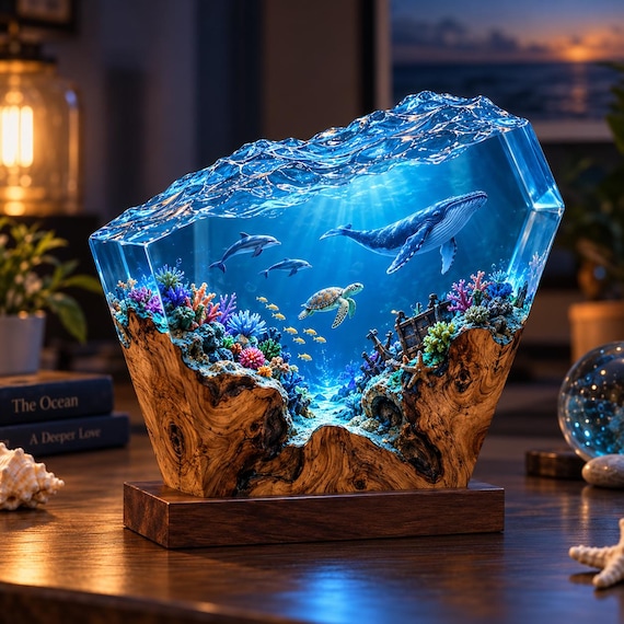 A glowing epoxy-resin lamp with a coral reef scene trapped inside — functional night light meets miniature underwater diorama.