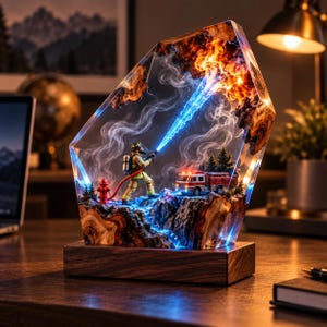 Puede incluir: Una lámpara decorativa de resina con una figura de bombero lanzando un chorro de luz azul hacia una sección superior naranja y amarilla. La escena incluye un camión de bomberos rojo, un hidrante y pinos dentro de un bloque de resina transparente.