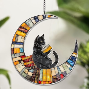 Black Cat And Book ACRYLIC Window Hanging Suncatcher Ornament, Book Window Decor, Book Lover Gift Reading Cat Lover Gift, Librarian Gift