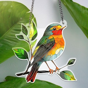 Robin Bird ACRYLIC Window Hanging Bird Flower Natural Art Birthday Gift Gift For Mom Grandma Bird Gardening Lover Gift NOT GLASS