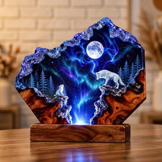 Mother and Child Resin Lamp, Mom and Kid Wolf Lamp, Mother’s Day Gift, Epoxy Wood Night Light, Gift for Mom, Moon Wolf H