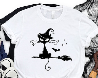 Halloween Cat Witch Broom Shirt, Witch Shirt, Halloween Shirt, Halloween Black Cat Shirt,  Gift For Halloween Cat Shirt, Broom Rider Cat Tee