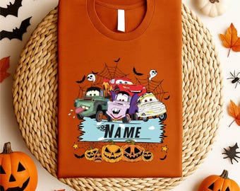 Camiseta de Halloween con nombre personalizado de Rayo McQueen, camiseta espeluznante de Halloween de Cars Pixar, camiseta de miedo de Cars de Disney, camisetas espeluznantes de McQueen y sus amigos