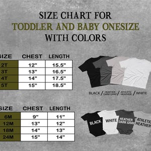 The image is a size chart for toddler and baby onesizes with colors, displaying the measurements and corresponding clothing items for different age groups.