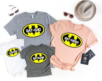 Personalized Bat Superhero Family Matching Shirts, Superhero Vacation Tee, Custom Bat-Dad Bat-Mom Bat-Kid Shirt, Hero Logo Family Outfit
