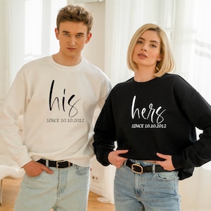 Sudaderas de Hers Since His Since, suéter divertido a juego para parejas, regalo de aniversario con fecha personalizado, suéter para esposo y esposa, regalo para San Valentín