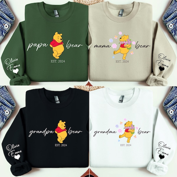 Magical Kingdom Custom Winnie The Pooh Mama Papa Grandma Grandpa Bear Family Matching Sweatshirt, Mama Papa Est with Kids Name on Sleeve