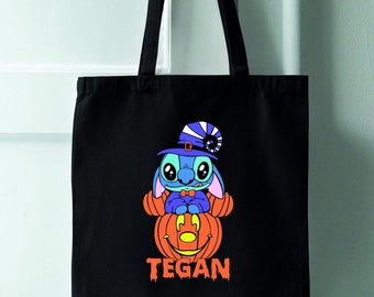 Bolsa tote personalizada fofa com abóbora do Mickey e Stitch, bolsa tote de Halloween, bolsa tote personalizada, bolsa tote personalizada para doces ou travessuras, bolsa de ombro personalizada