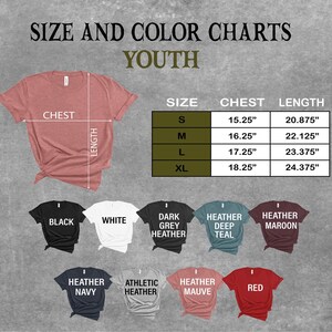 a collection of t-shirts in various colors and sizes, along with size and color charts for youth.