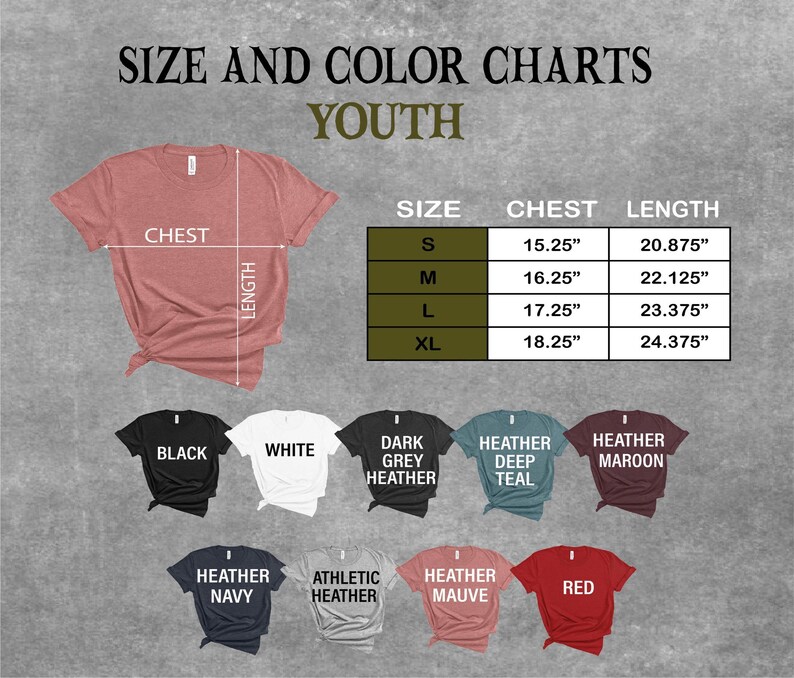 a collection of t-shirts in various colors and sizes, along with size and color charts for youth.