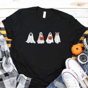 Camiseta de Halloween com cachorro fantasma, Camiseta fofa de abóbora com cachorro fantasma, Feliz Dia das Bruxas retrô assustador, Camiseta fantasma, Camiseta de Halloween com cachorro, Camiseta de cachorro fantasma