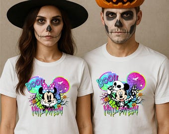 Chemise couple Halloween Mickey Minnie Disneyland Boo, t-shirt fantasmagorique Disney tendance, chemise Halloween fantôme, voyage en famille t-shirt fête d'Halloween assorti