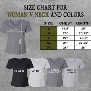 The image is a size chart for women's v-neck and colors, showing the measurements for different sizes and colors.