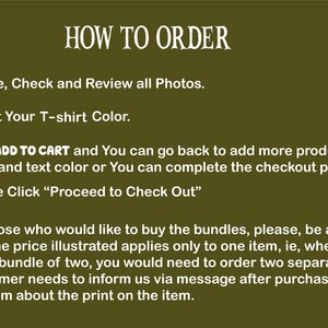 a step-by-step guide on how to order a T-shirt, with instructions on reviewing photos, selecting a color, adding to a cart, completing the checkout process, and purchasing the item.