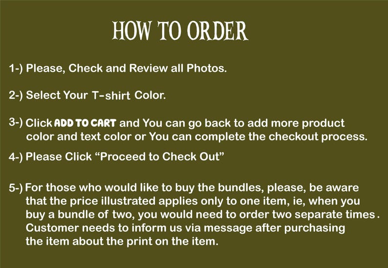 a step-by-step guide on how to order a T-shirt, with instructions on reviewing photos, selecting a color, adding to a cart, completing the checkout process, and purchasing the item.