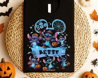 Camiseta Stitch Halloween 2025: Camiseta de terror da Disneylândia, nome personalizado
