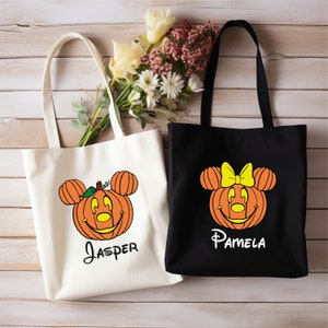 Custom Mickey Minnie Pumpkin Tote Bag, Trick or Treat Shopping Bag, Halloween Tote bag, Custom Name Tote Bag,Trick or Treat Personalized Bag