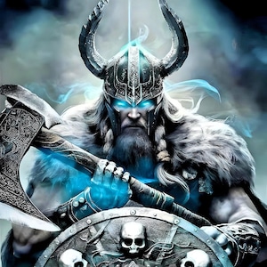 May include: A fierce Viking warrior with a long white beard and blue eyes, wearing a horned helmet and fur-lined armour, holding a large axe and a shield with skulls. The shield is decorated with a circular design and multiple skulls.