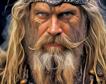 May include: A portrait of a man with long, flowing blonde hair and a full, white beard. He wears a silver headband with a central circular design and intricate braided details. His face is weathered, with tribal markings and a stern expression.