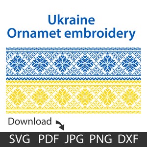Könnte beinhalten: Digitales Design mit ukrainischer Ornamentstickerei in Blau und Gelb. Das Design umfasst florale Muster und den Text "Ukraine Ornament embroidery" oben, mit Dateiformatoptionen unten.