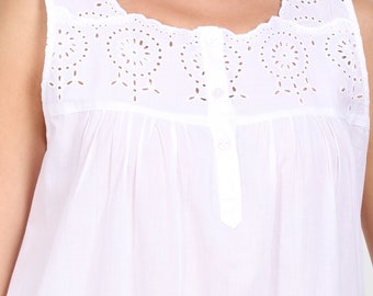 Pure cotton nightdress in white with a cutwork neckline