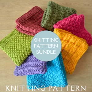 May include: A bundle of colorful knitted dishcloths in various patterns, including a green diamond pattern, a purple cable knit, a blue textured knit, a yellow basket weave, a pink cable knit, a green cable knit, and a red cable knit. The text "Knitting Pattern Bundle" is in a circle in the center of the image.