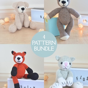 May include: A collection of four knitted stuffed animals including a beige dog, a brown bear, an orange and black fox, and a light green cat with white paws. The central text reads 4 PATTERN BUNDLE. Each animal features embroidered facial details.