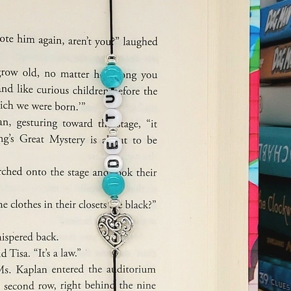 Personalized Turquoise Gemstones and Heart Charm Elastic Bookmark/Book Charm for Books, Journals or Planners. December Birthstone Bookmark