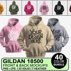 Könnte beinhalten: Ein Mockup eines Gildan 18500 Hoodies in 40 verschiedenen Farben. Der Hoodie wird sowohl in Vorder- als auch in Rückansicht gezeigt. Der Text "Your Design Here" ist auf der Vorderseite des Hoodies aufgedruckt. Der Hoodie ist in 33 unifarben und 7 melierten Farben erhältlich.