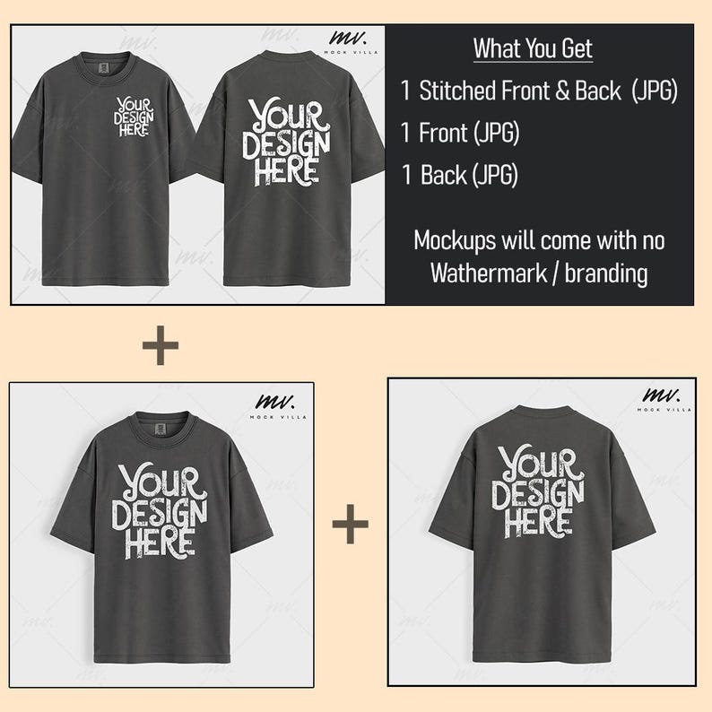 May include: Mockup of a gray t-shirt with the text "YOUR DESIGN HERE" printed on the front and back. The mockup includes a stitched front and back, a front view, and a back view. The text "What You Get" is displayed above the mockup, followed by a list of the included files: 1 Stitched Front & Back (JPG), 1 Front (JPG), 1 Back (JPG). The text "Mockups will come with no Wathermark/branding" is displayed below the mockup.