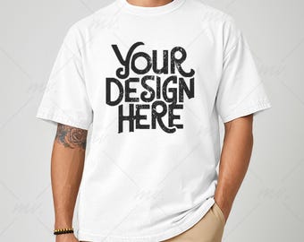 White Comfort Colors 1717 T-Shirt Mockup, C1717 Men's Tee Mockup, Garment Dyed Shirt Mockup, Male Model T-Shirt Mockup, Simple Trendy Mockup